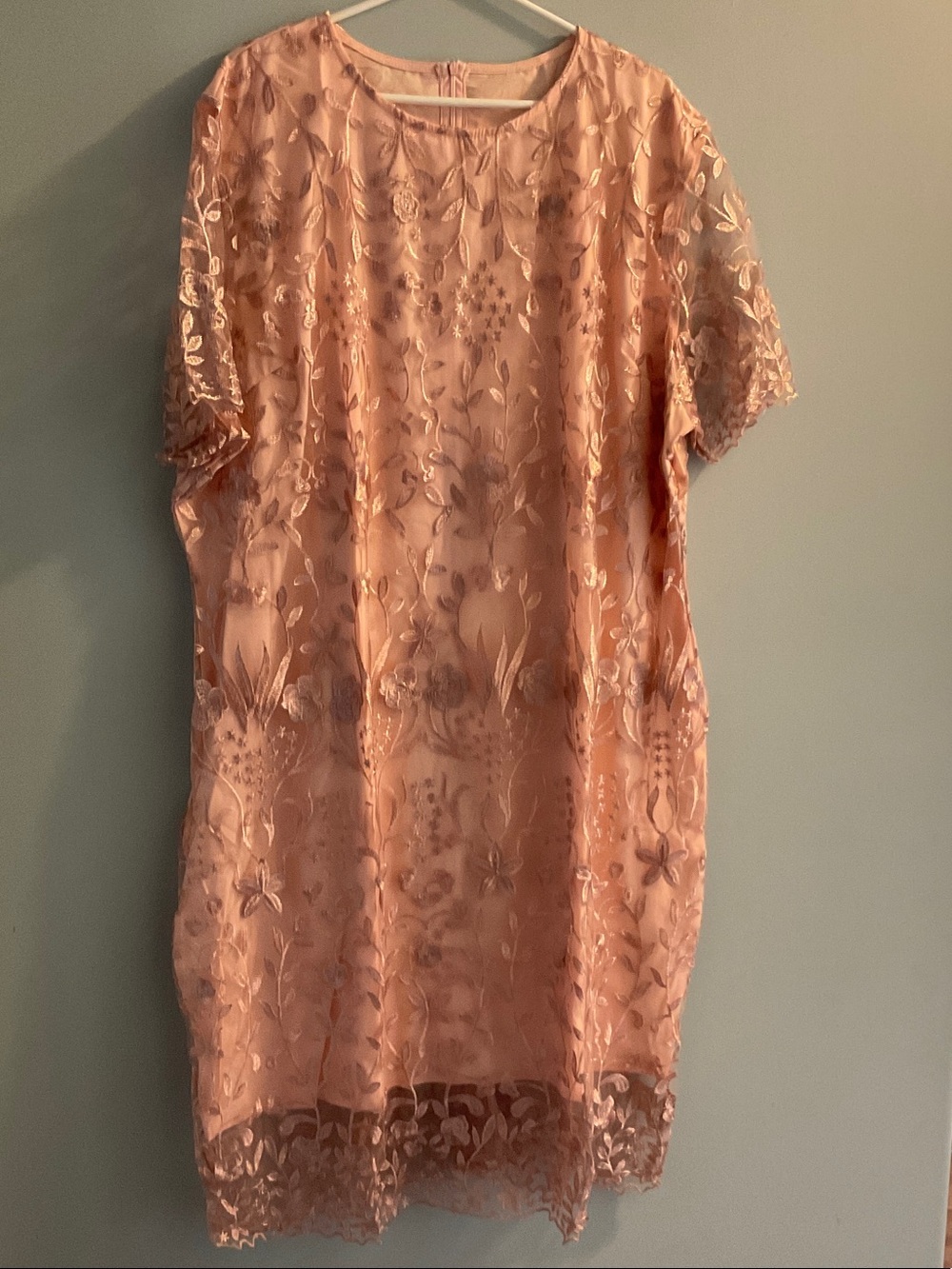 Peach Lace Shift Dress with Floral Embroidery - Women